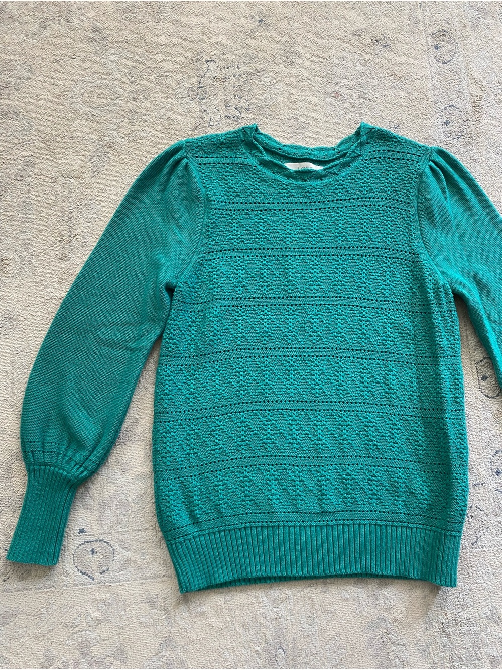 LOFT Pointelle Emerald Green Puff Sleeve 100% Cotton Sweater Large